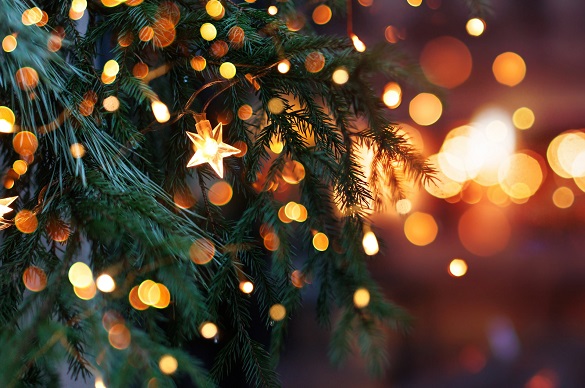 Christmas tree with garland lights. Evening city with blurred background and bright lights